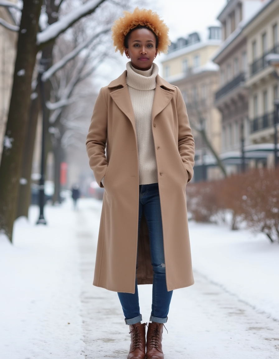 Try-on: camel wool coat on a snowy street