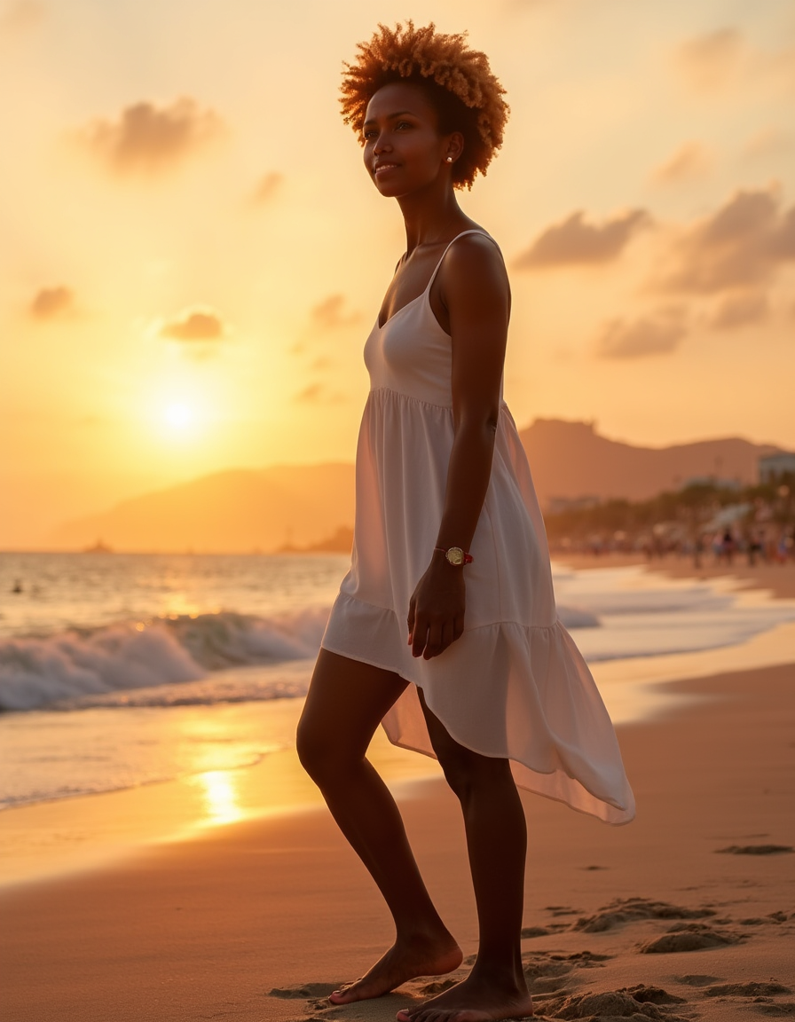 Try-on: white summer dress at golden hour