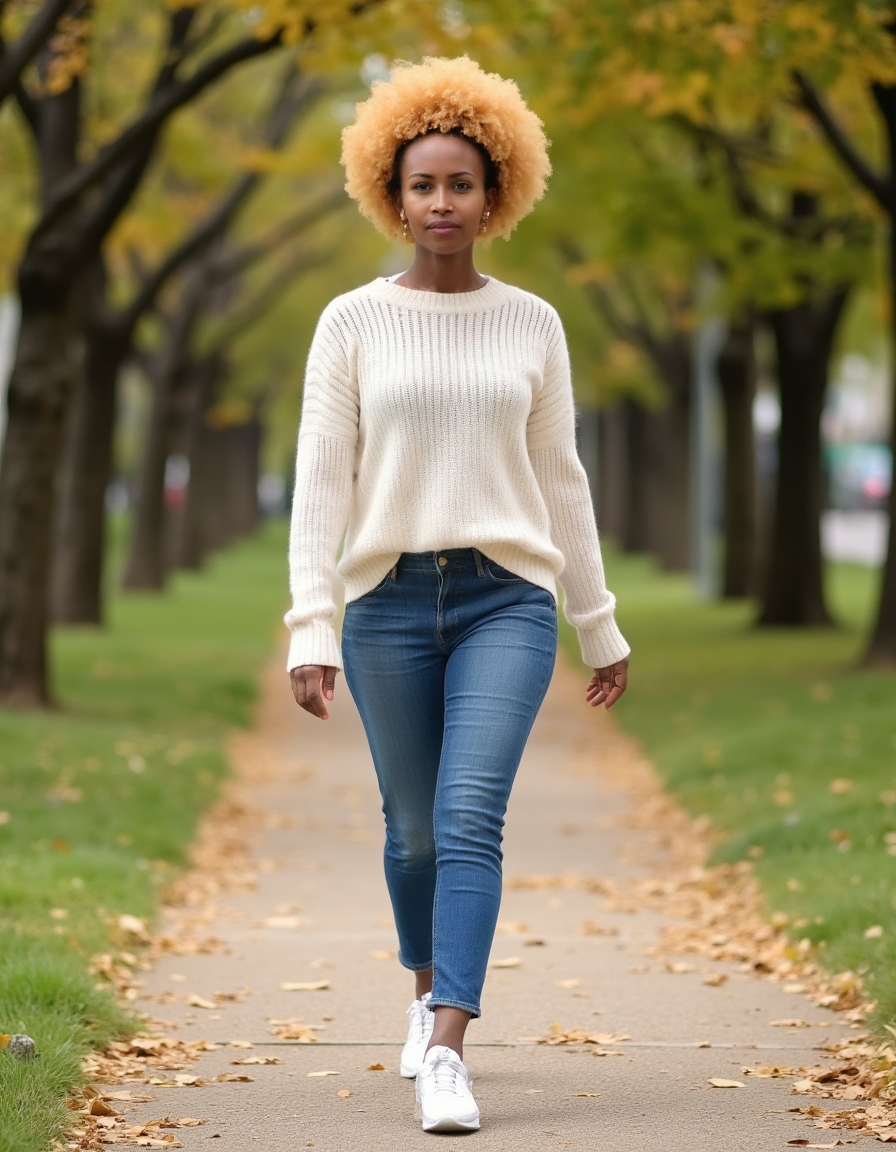Try-on: cream sweater and blue jeans in a park